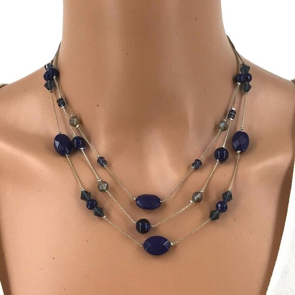 Triple Strand Necklace Silver Tone Blue Beaded Casual Career Adjustable Length - Picture 1 of 2